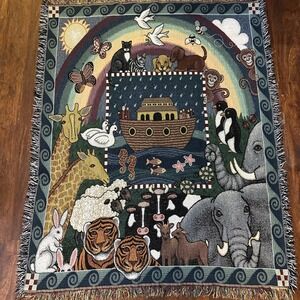Vintage 90s American Weavers Noah's Ark  Woven Throw Blanket USA 44x60 & Fringe